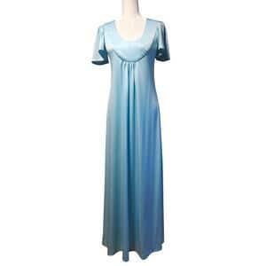 Vintage Maxi Dress Size S Light Blue Satin Flutter Sleeve Scoop Neck Nightgown